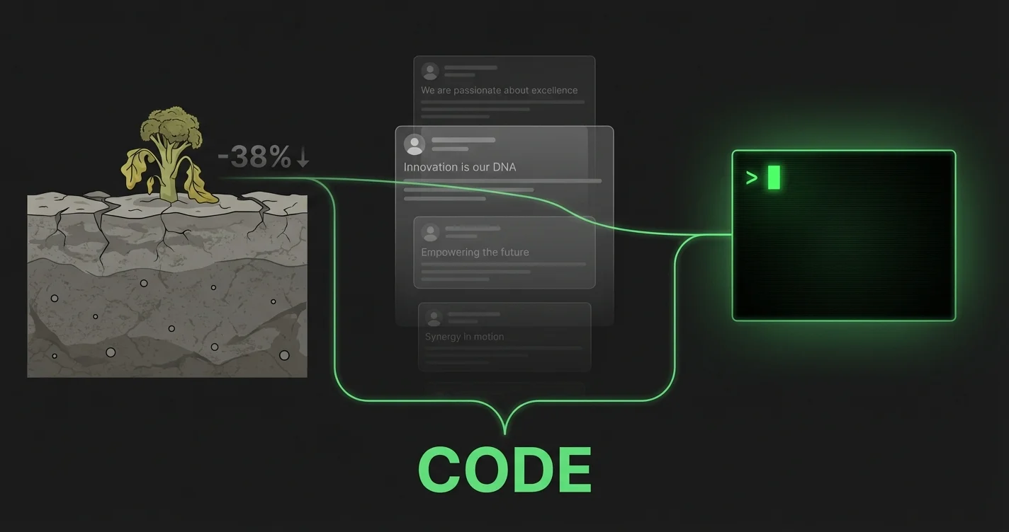Infografik Terminal Quatsch: Dreigeteiltes Bild zeigt links ausgelaugten Boden mit welkem Brokkoli, mittig einen leeren Social-Media-Feed mit hohlen Phrasen, rechts ein leuchtendes Terminal-Fenster mit grünem Cursor – alle drei durch eine geschwungene Linie verbunden die auf das Wort CODE zuläuft